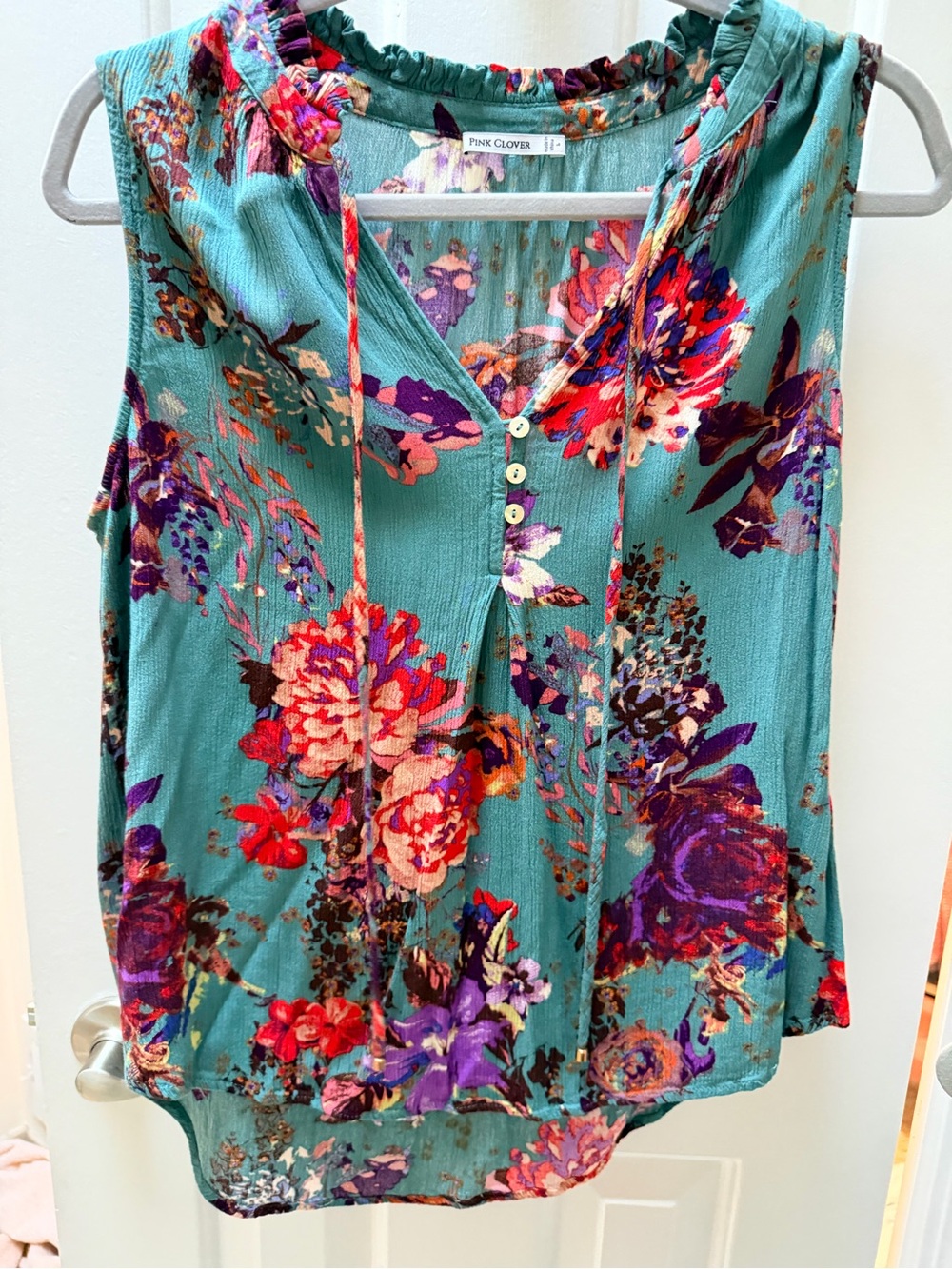 Pink Clover Teal Floral Ruffled V-Neck Camisole